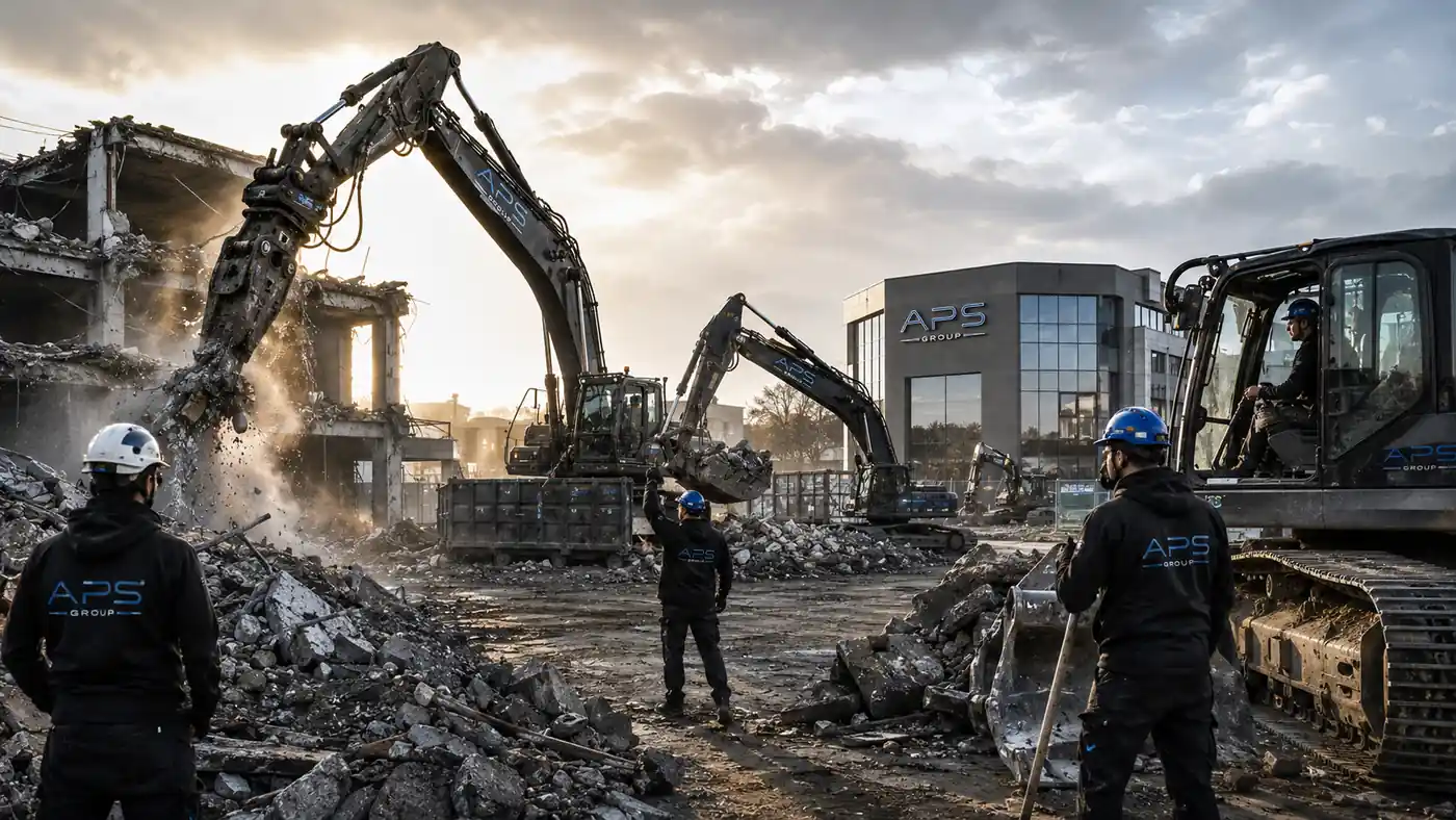 Abrissunternehmen auf Baustelle mit Bagger und Mitarbeiter für Rückbauprojekt