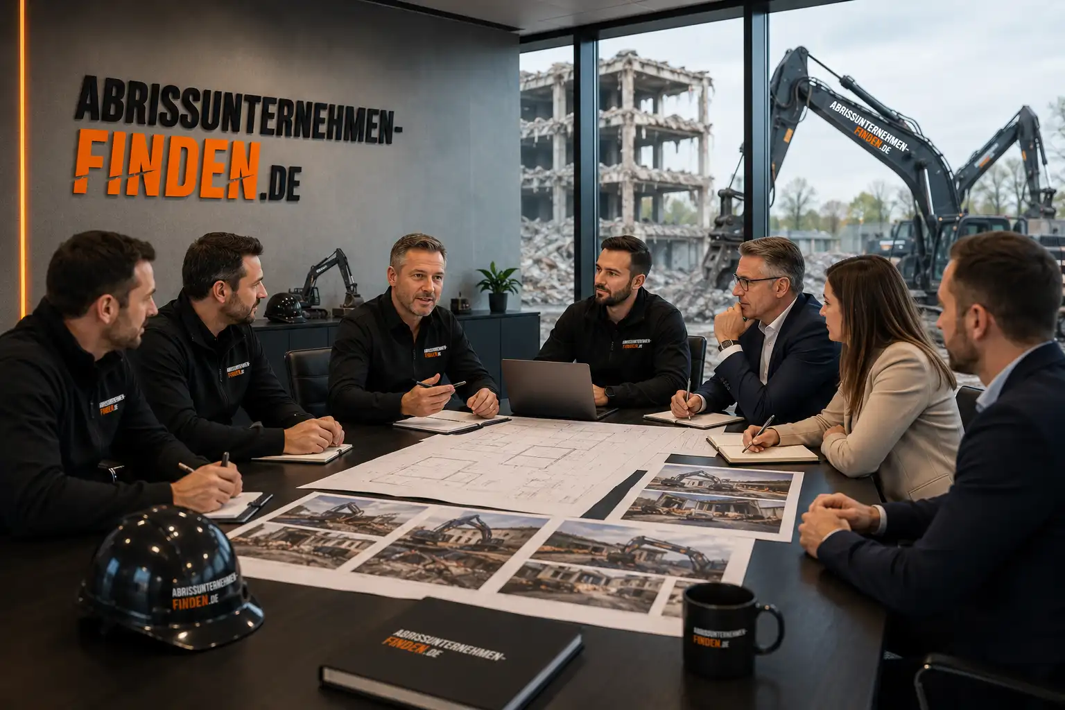 Kundengespräch zur Vorbereitung eines Abrissprojekts mit Unterlagen und Projektprüfung