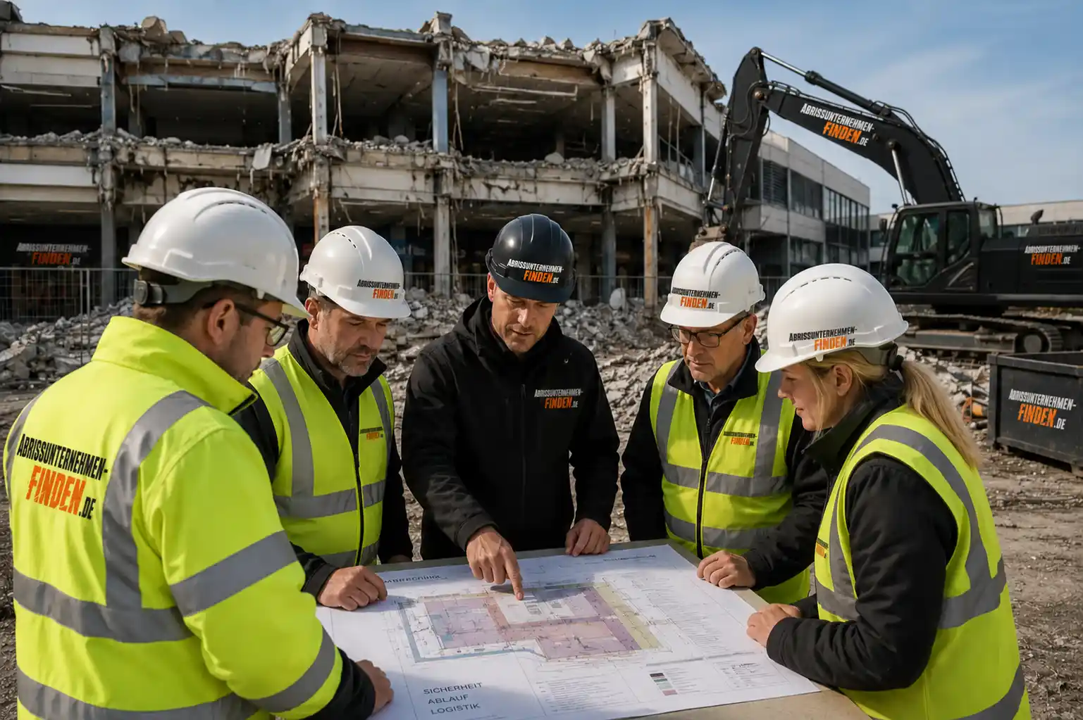 Abrissunternehmen bei einer Baustellenbesprechung für Abriss, Rückbau, Entkernung und Industrieabbruch