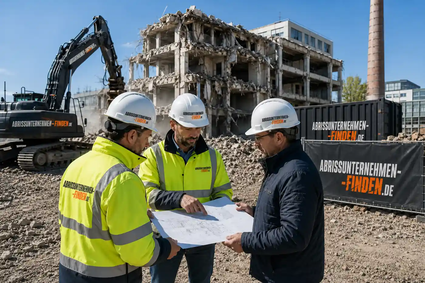 Rückbauplanung auf der Baustelle mit Abrissunternehmen für selektiven Gebäuderückbau