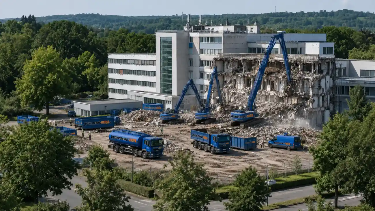 Rückbau vom Abrissunternehmen mit Baggern Materialtrennung und kontrolliertem Gebäuderückbau