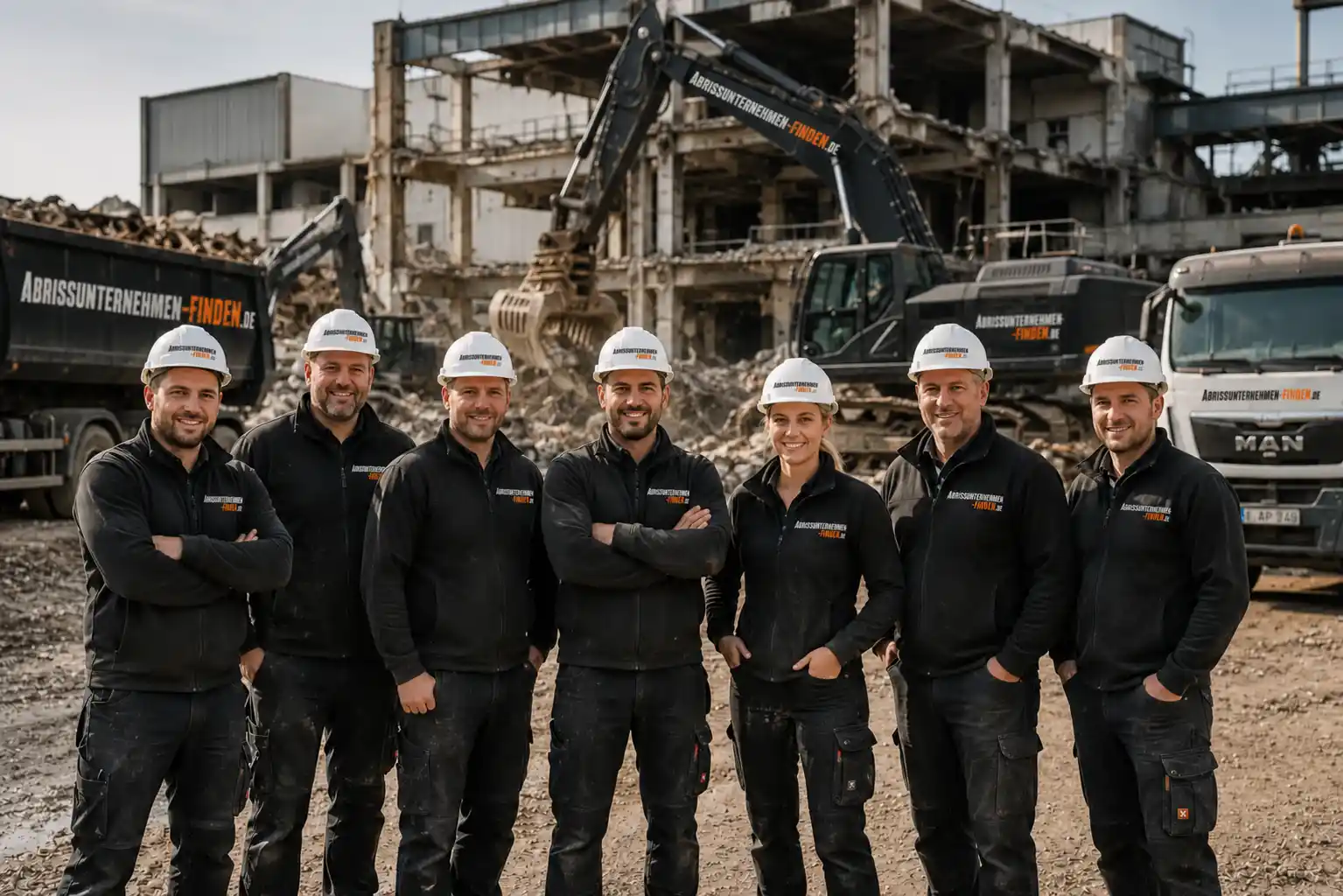 Team auf Industrieabbruch Baustelle für Rückbau Abbrucharbeiten und fachgerechte Umsetzung